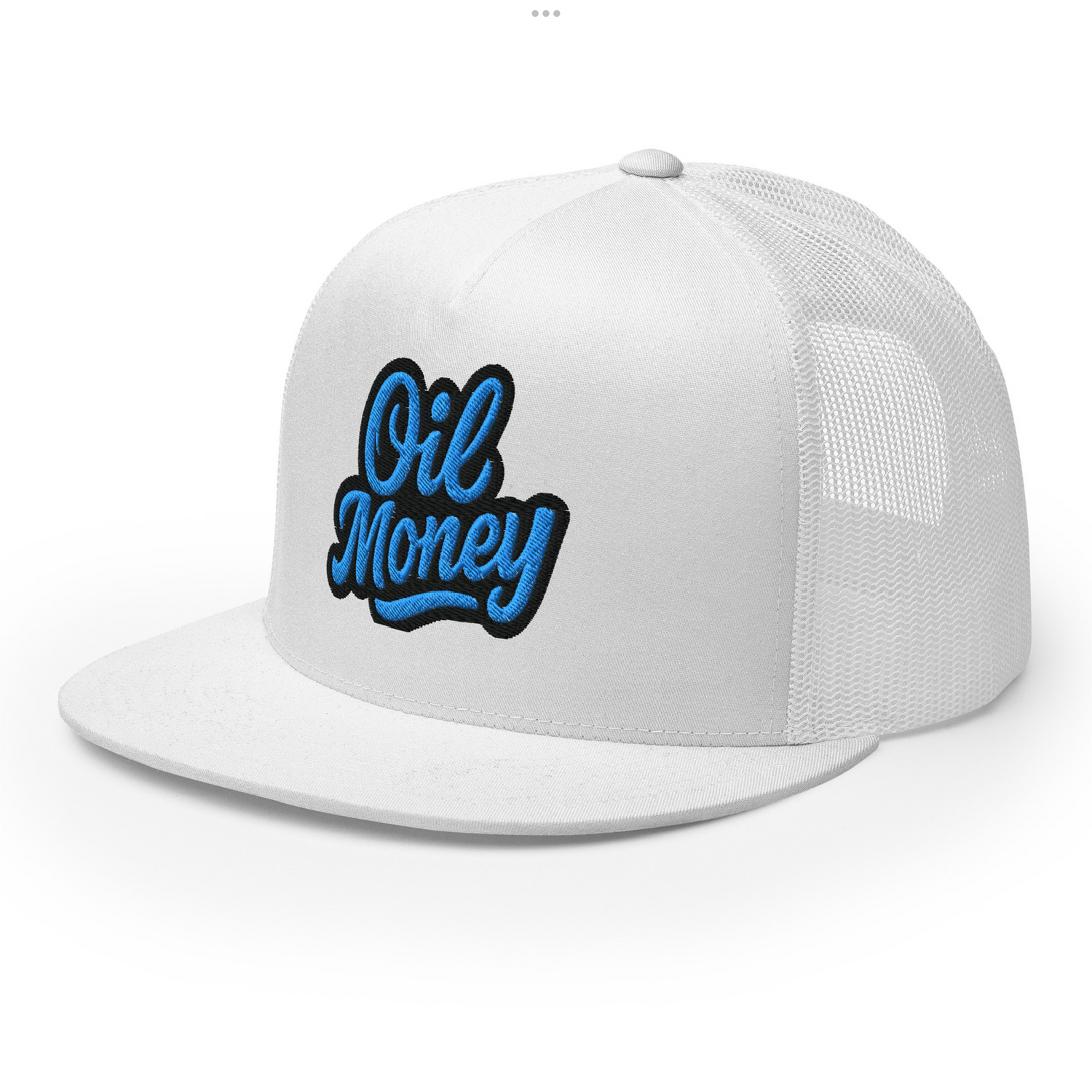 White cap with 'Oil Money' text in blue and black on a white background
